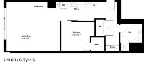 Floor plan for 1 bed, 1 bath, 1021 sqft